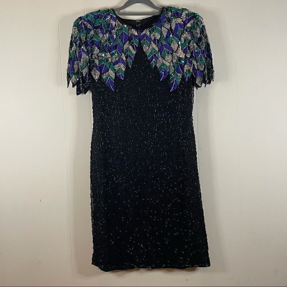 Vintage Scala Black Beaded Sequins Cocktail Dress Open Back